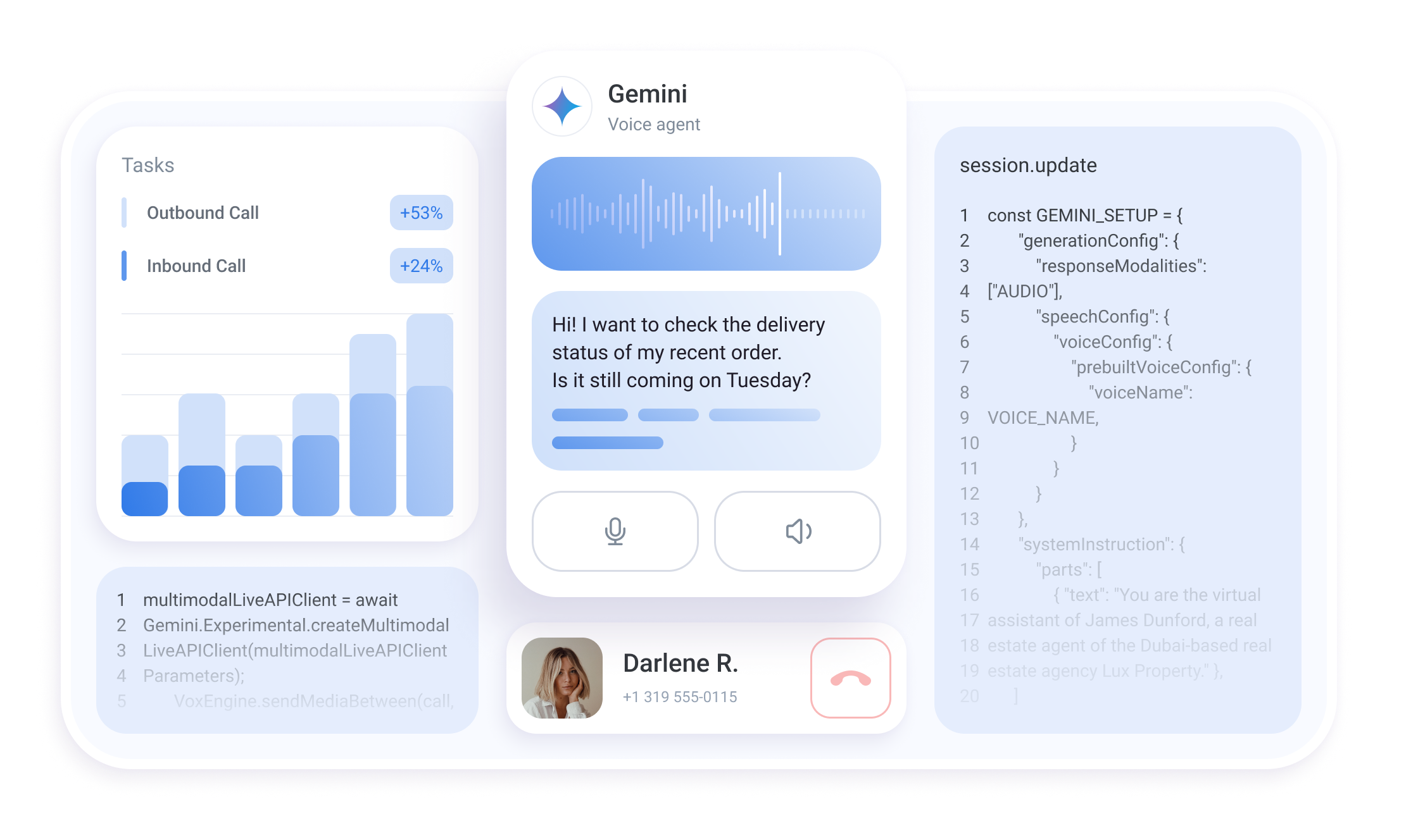 Connect inbound and outbound calls to a Gemini-powered agent using lightning-fast interface